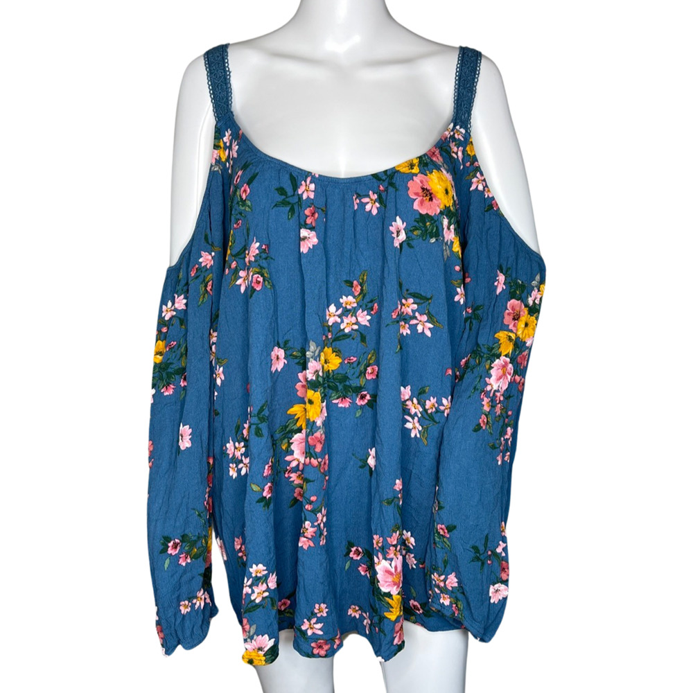 Torrid Shirt Womens 4X Blue Yellow Floral Flowers Cold Shoulder Cutouts Cottage